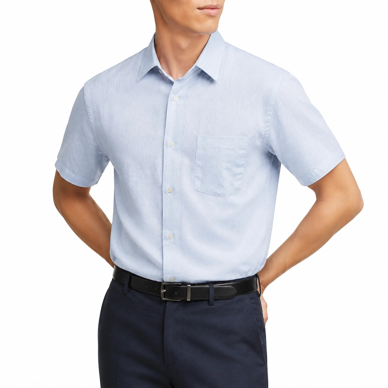 Chemise homme M en tissu tissé bleu clair à manches courtes style habillé