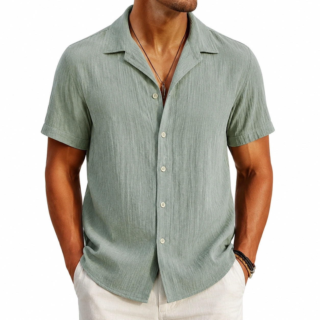 Chemise homme M en tissu texturé vert sauge à manches courtes style décontracté