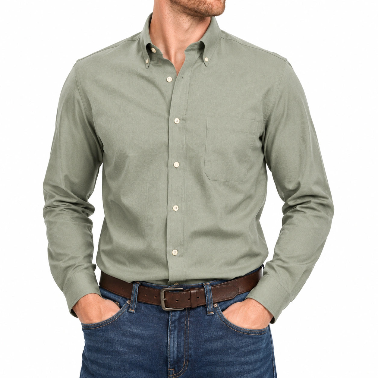 Chemise homme L en coton vert sauge à manches longues style décontracté