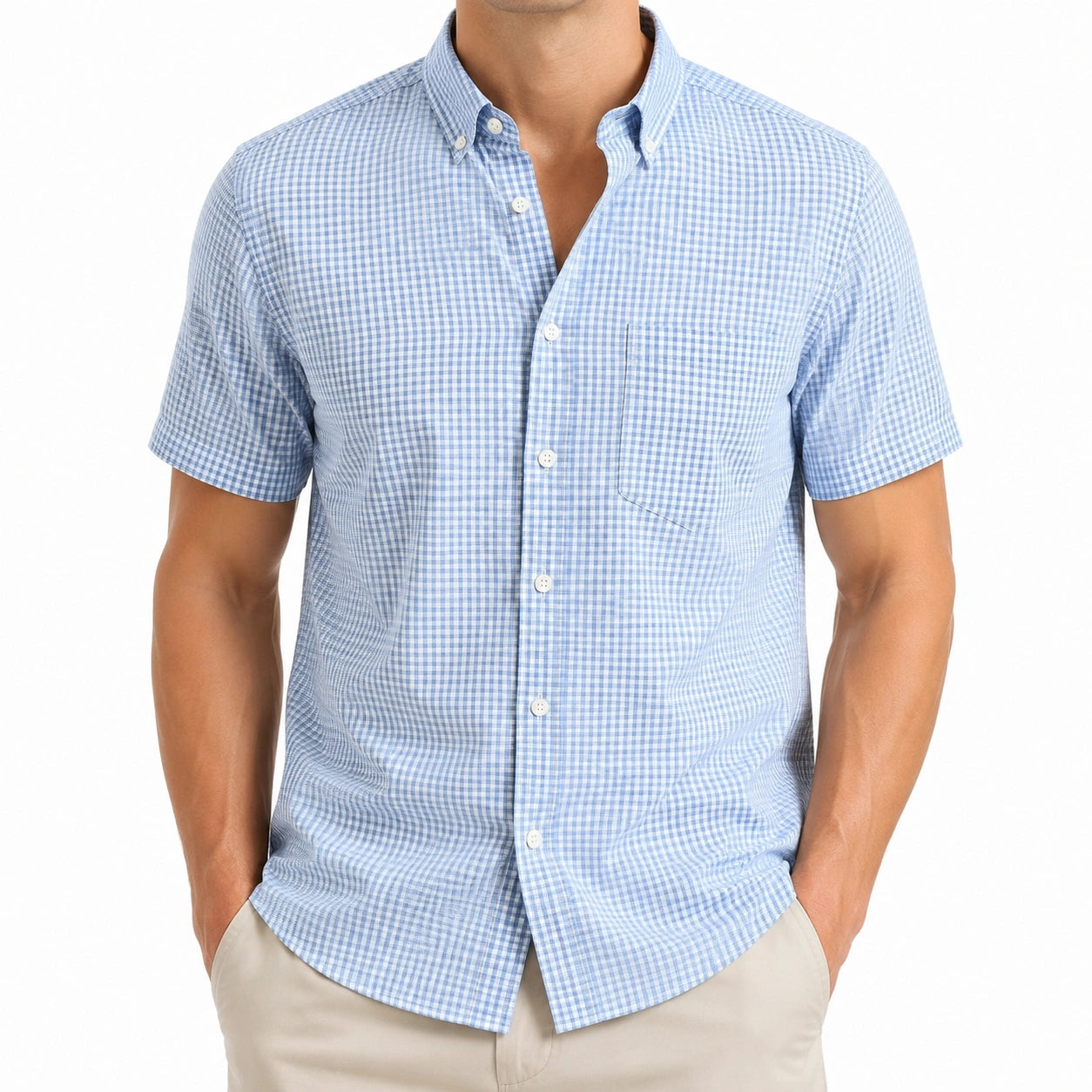 Chemise homme XL à manches courtes en tissu bleu clair à carreaux col boutonné