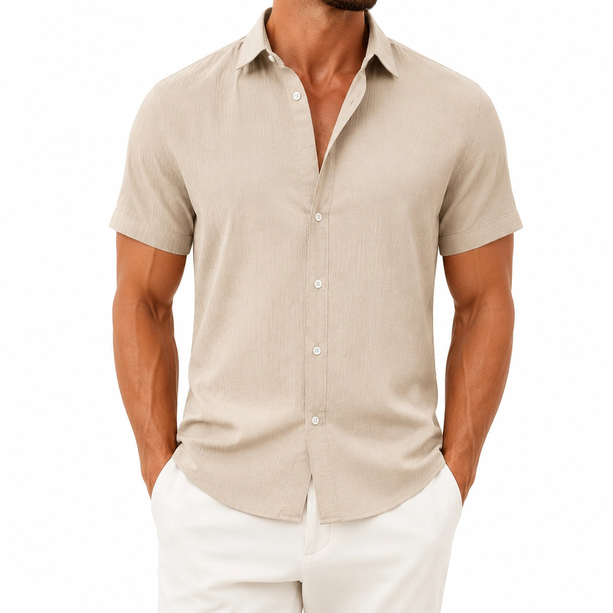 Chemise homme XL en tissu texturé beige à manches courtes coupe décontractée