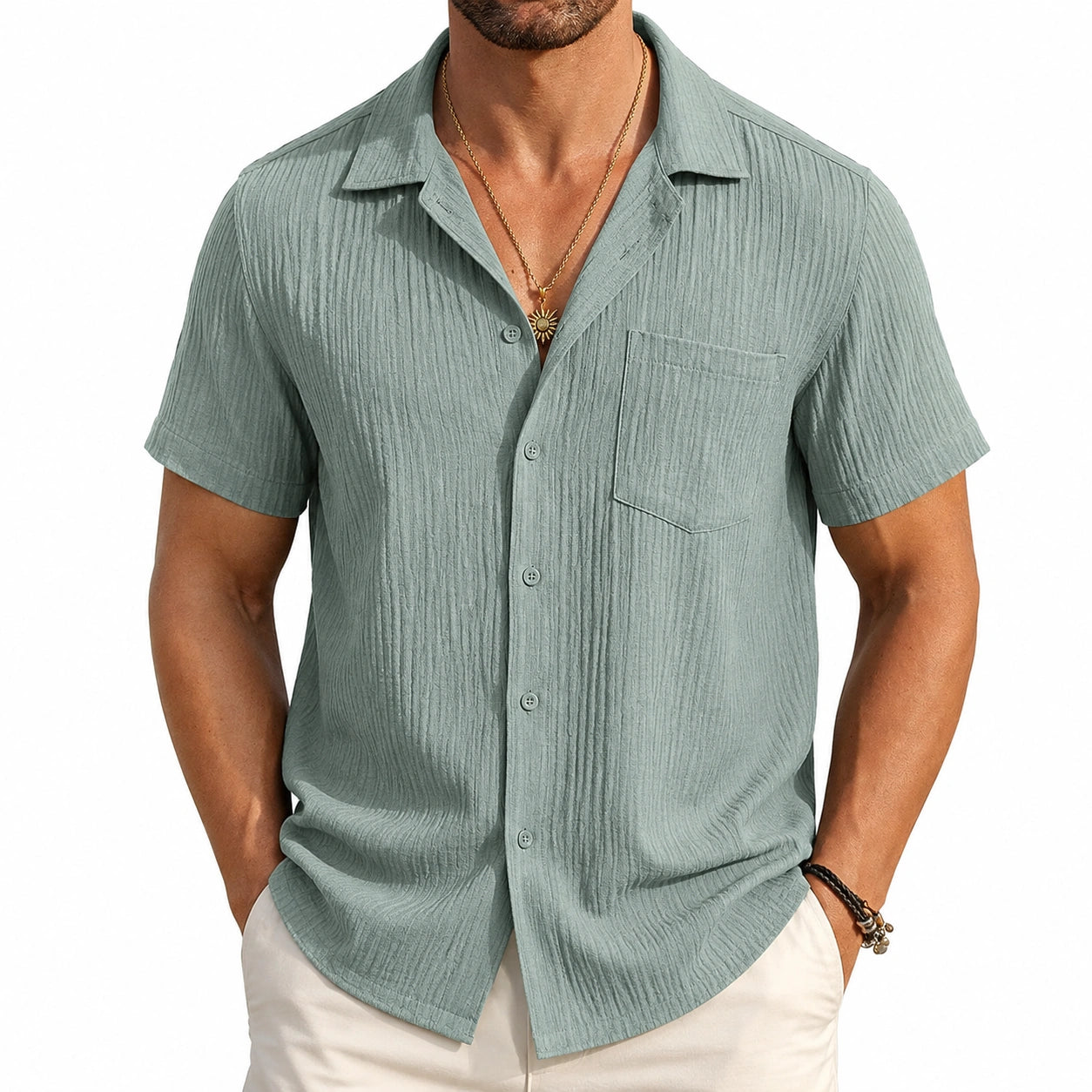 Chemise homme XL vert sauge texturée à manches courtes style décontracté