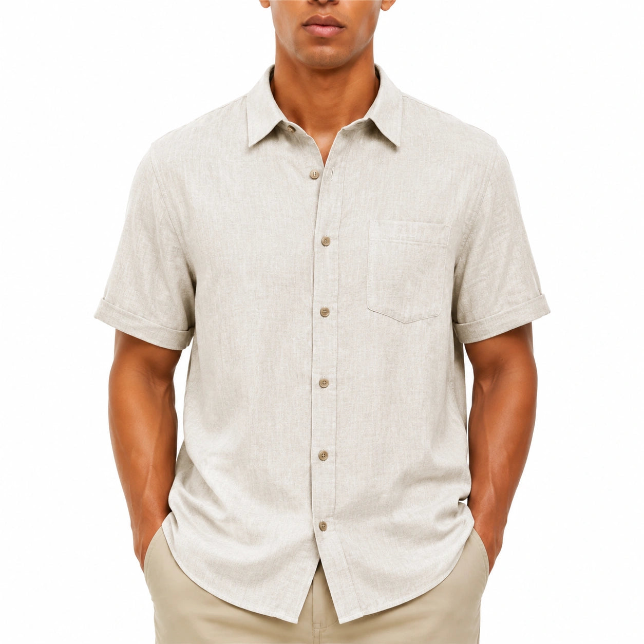 Chemise homme XL beige en tissu tissé à manches courtes style décontracté