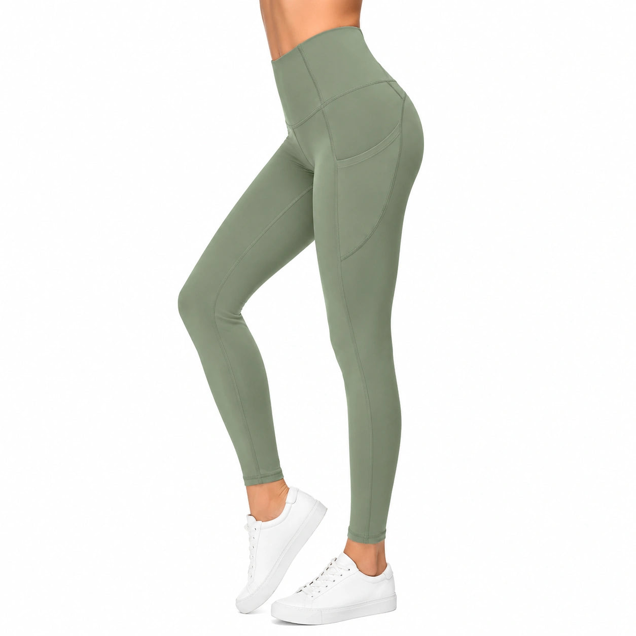 Legging femme L vert kaki taille haute tissu extensible poches latérales sport