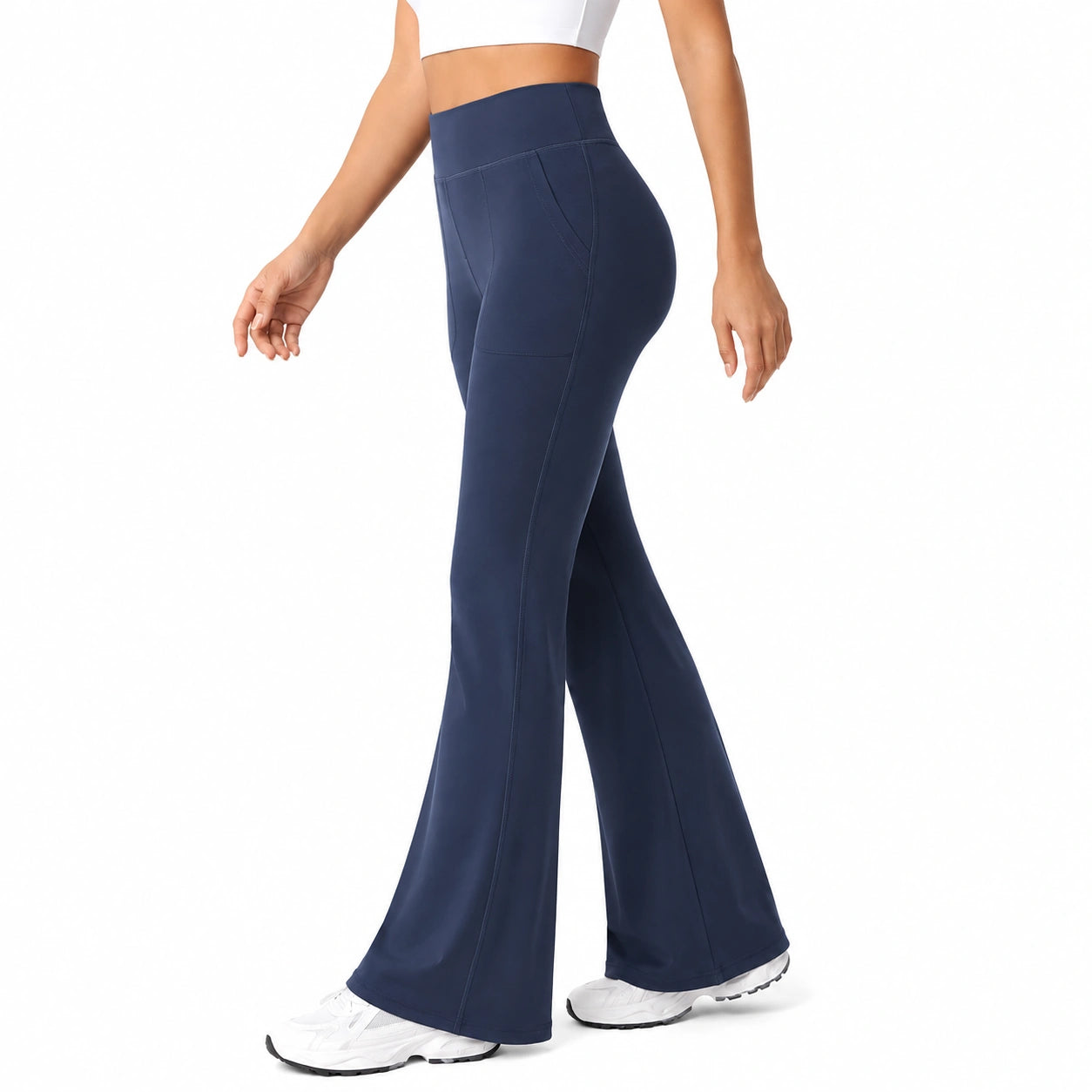 Pantalon de sport femme S bleu marine taille haute évasé extensible