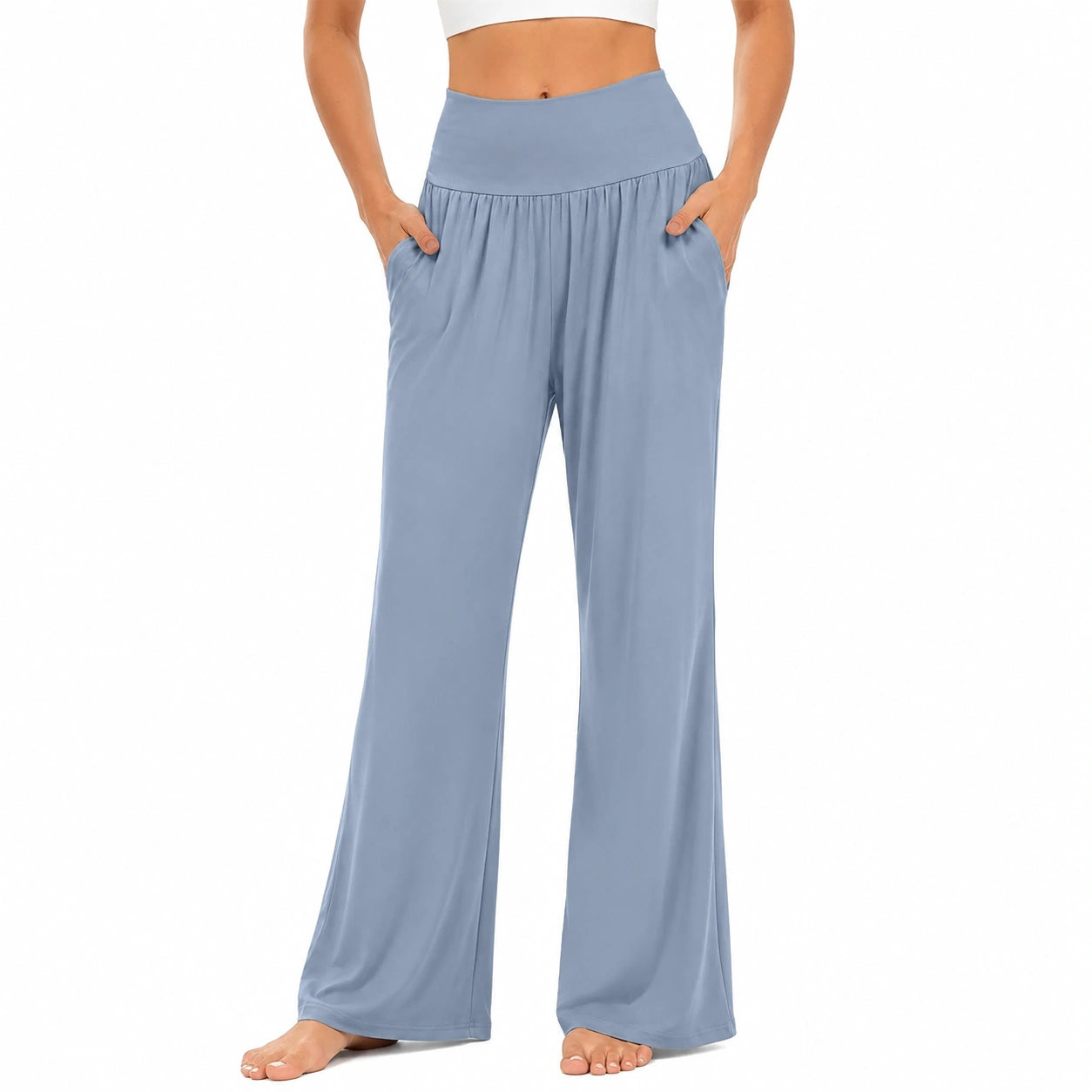 Pantalon femme taille S bleu gris en tissu extensible à jambes larges décontracté