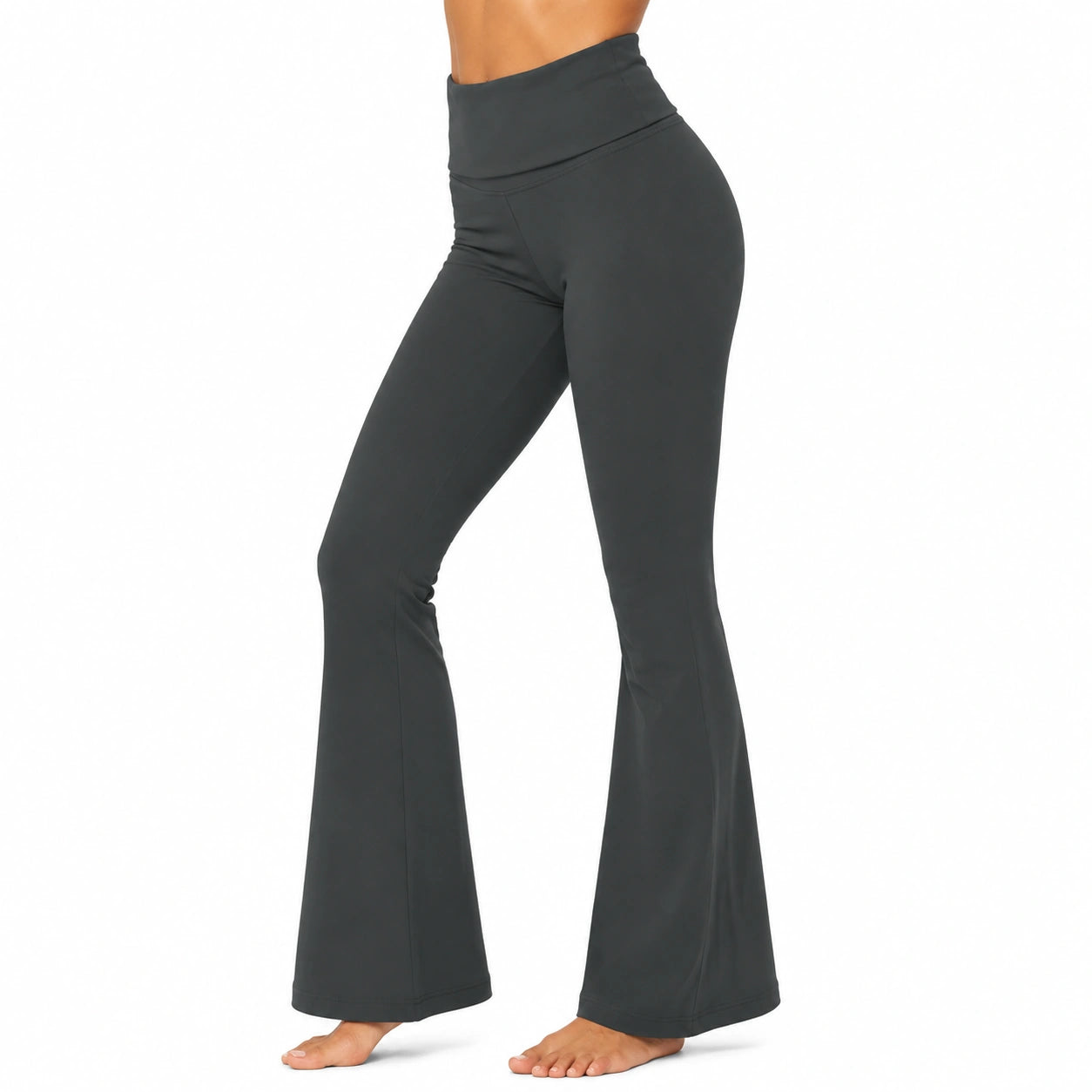 Pantalon de yoga femme M en tissu extensible gris anthracite taille haute coupe évasée