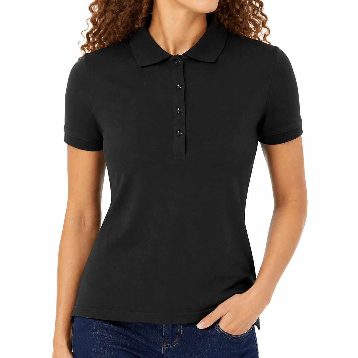 Polo femme taille S noir à manches courtes en maille coupe ajustée