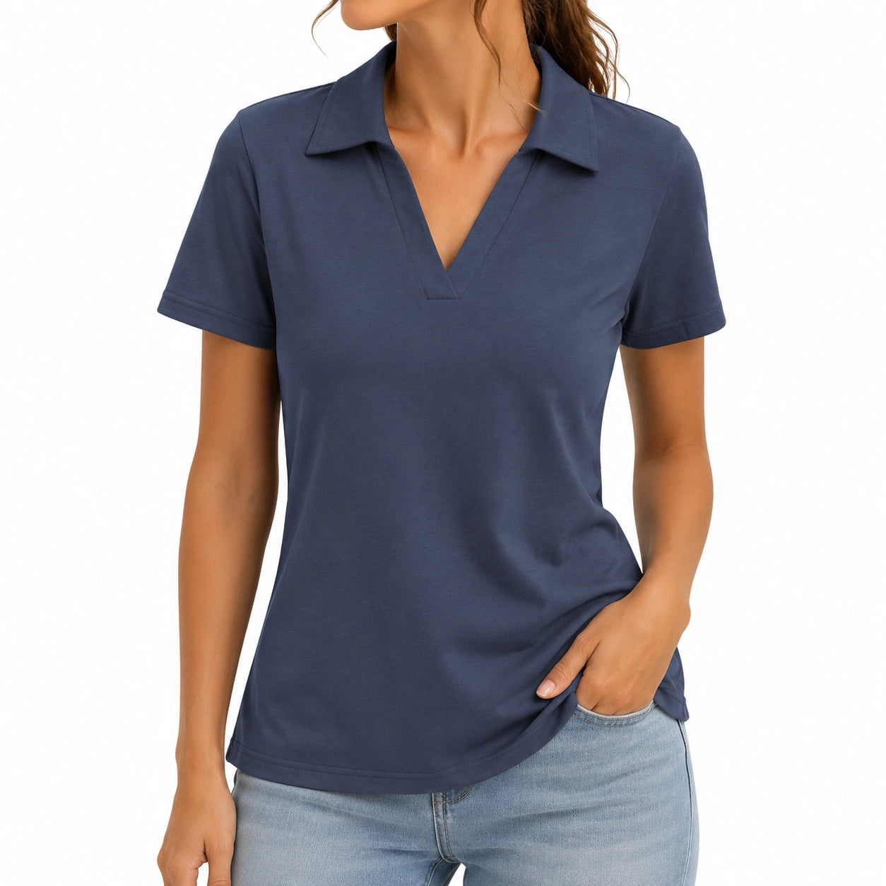Polo femme taille M tissu bleu marine manches courtes style décontracté