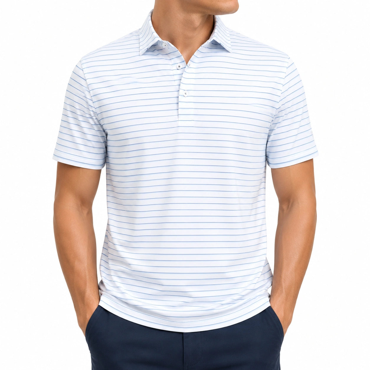 Polo homme taille L blanc bleu clair à rayures manches courtes style décontracté