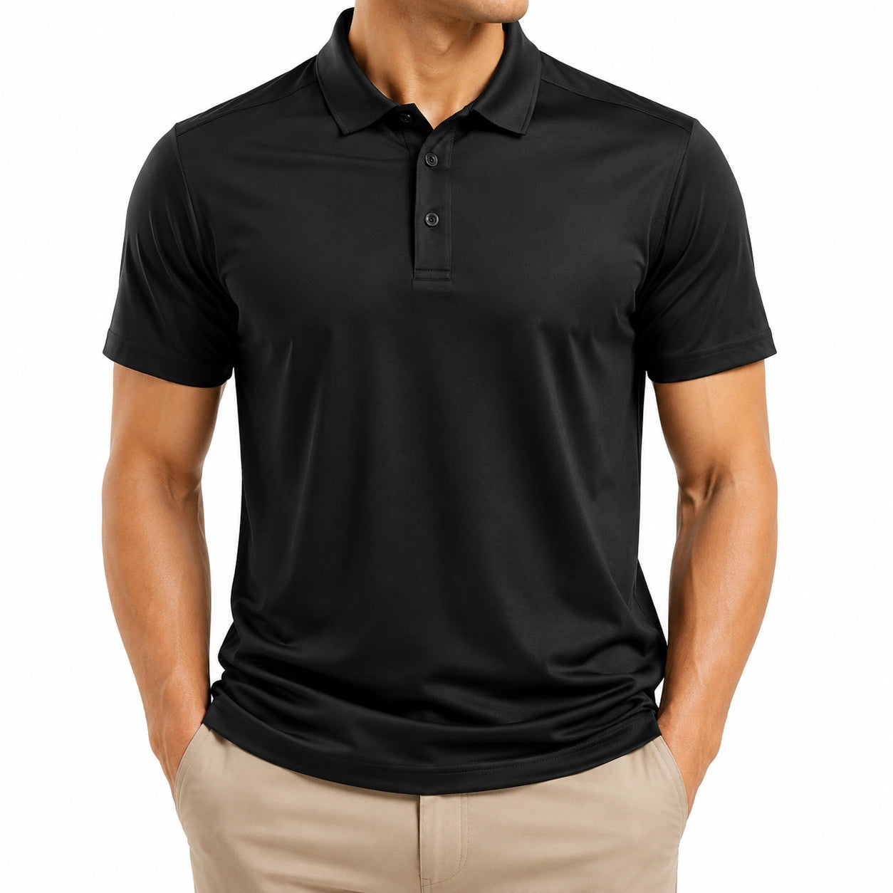 Polo homme XL noir en tissu synthétique à manches courtes style sportif