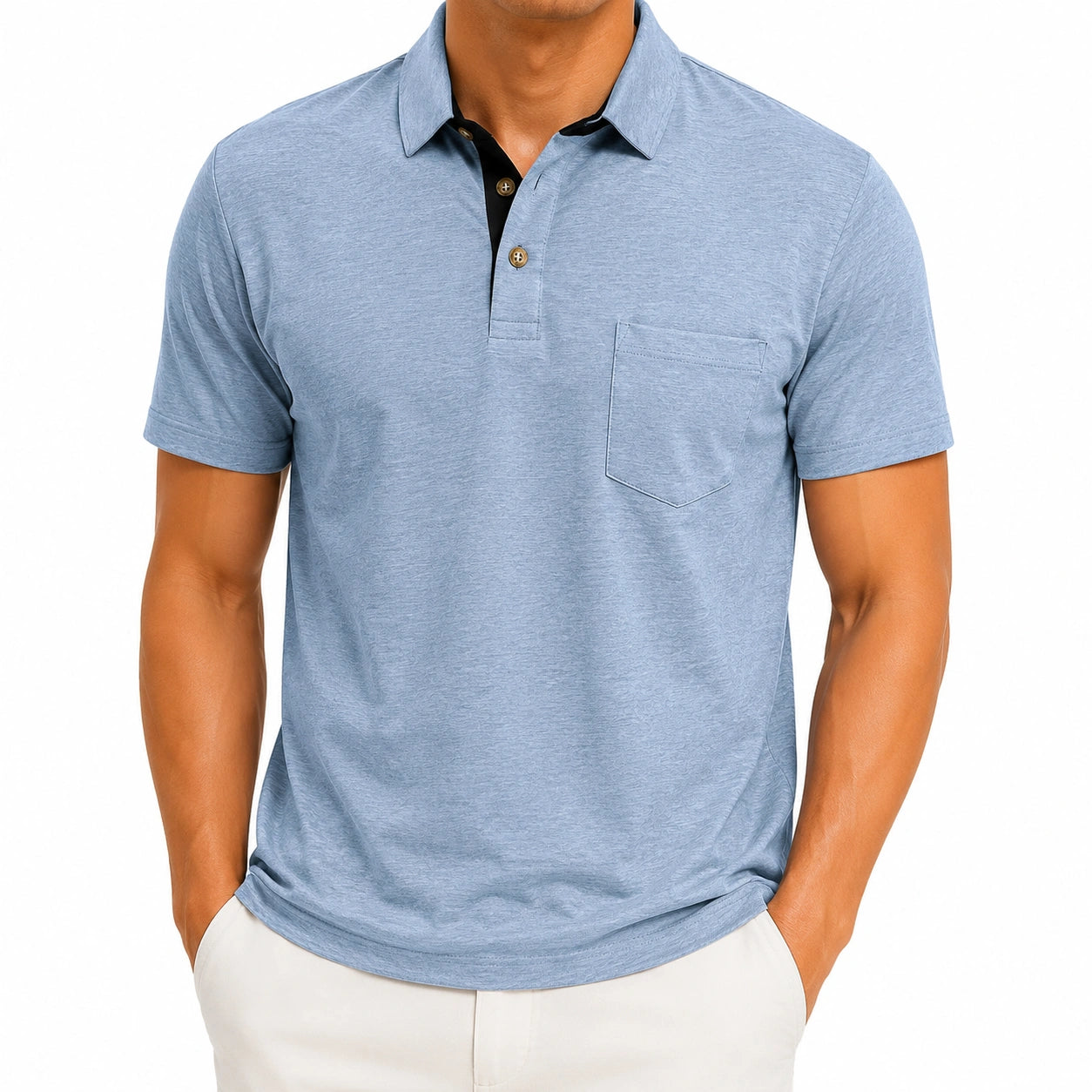 Polo homme XL en coton bleu clair à manches courtes avec poche poitrine