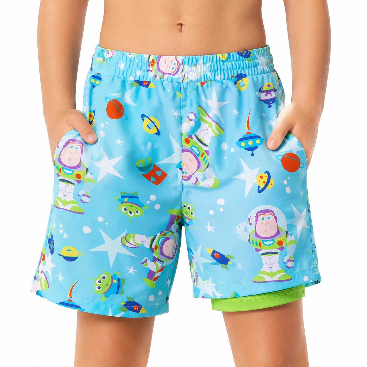 Short de bain enfant M en polyester bleu imprimé espace avec doublure