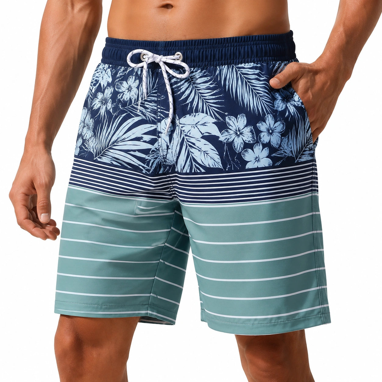 Short de bain homme M bleu marine vert rayé à motif tropical