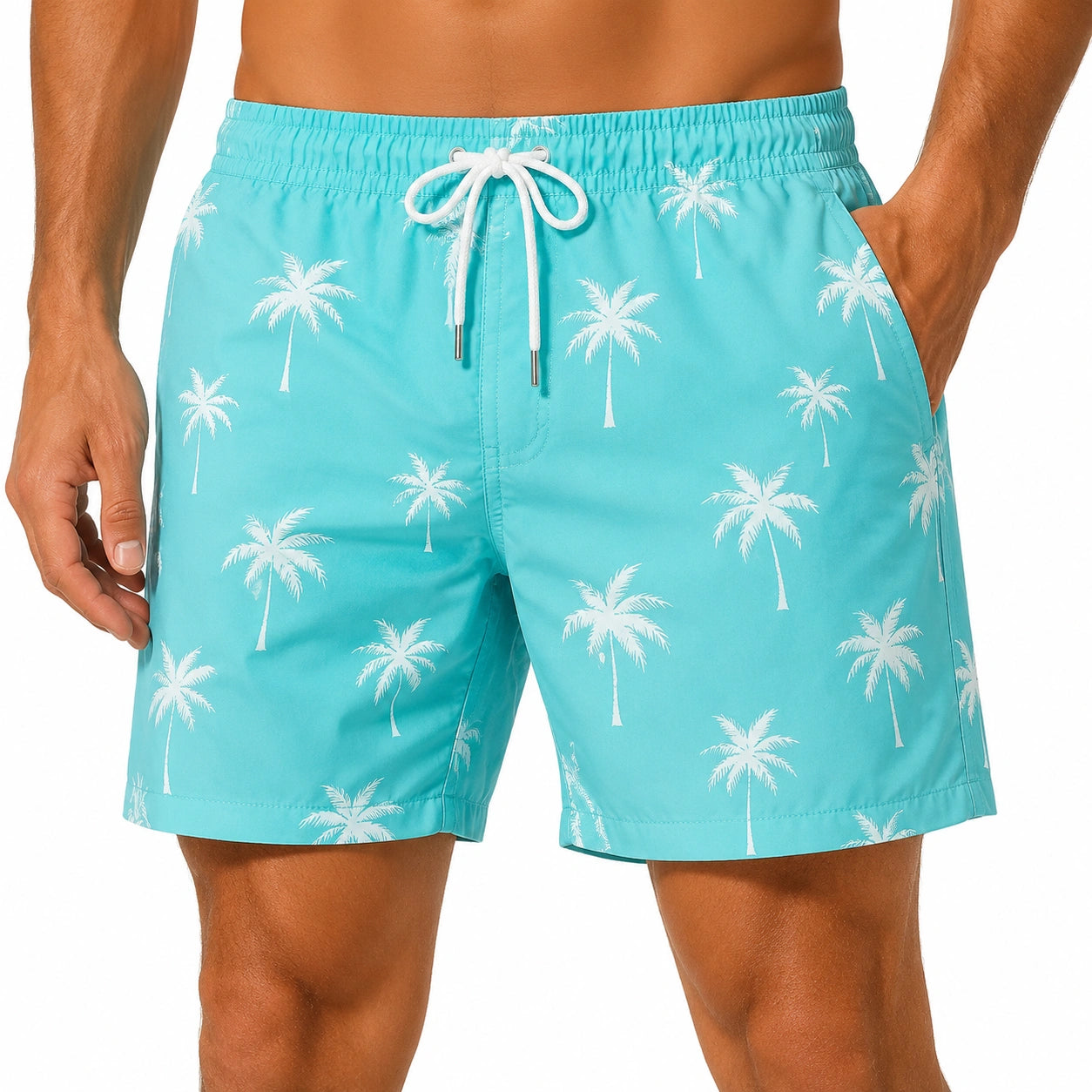 Short de bain homme XL turquoise à motif palmiers tissu synthétique avec cordon de serrage
