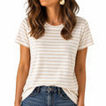 T-shirt femme taille S en tissu écru beige à rayures manches courtes coupe droite