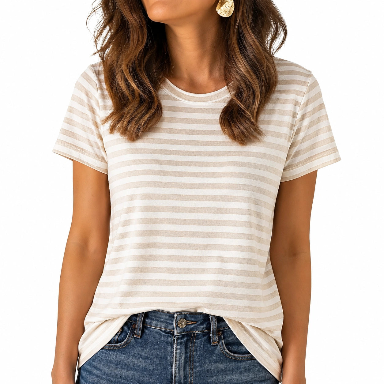 T-shirt femme taille S en tissu écru beige à rayures manches courtes coupe droite