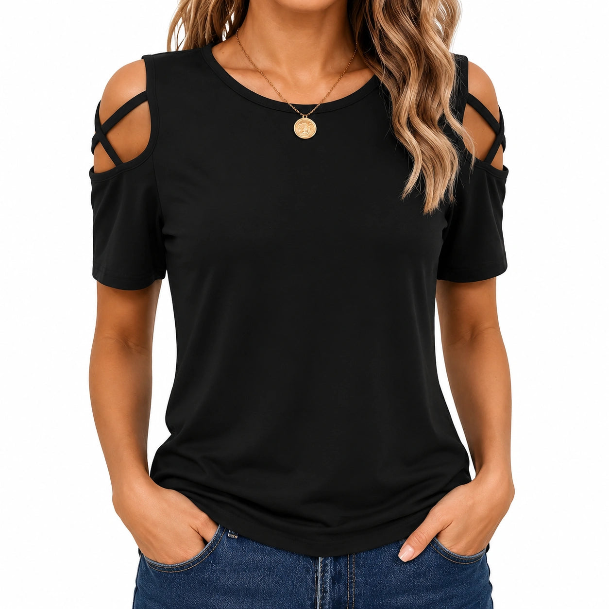 T-shirt femme M noir en tissu à épaules dénudées manches courtes