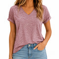 T-shirt femme M rose à col V manches courtes style décontracté
