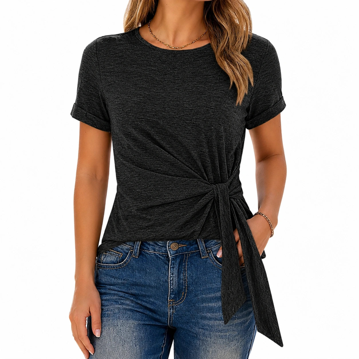 T-shirt femme L noir texturé à nouer style décontracté