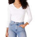 T-shirt femme taille L blanc en coton mélangé à col V manches longues