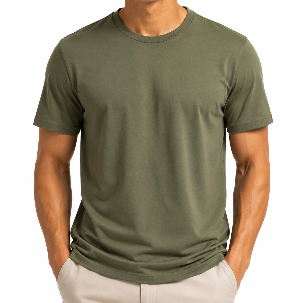 T-shirt homme M vert kaki à manches courtes coupe décontractée
