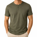 T-shirt homme M en maille vert kaki à col tunisien manches courtes décontracté