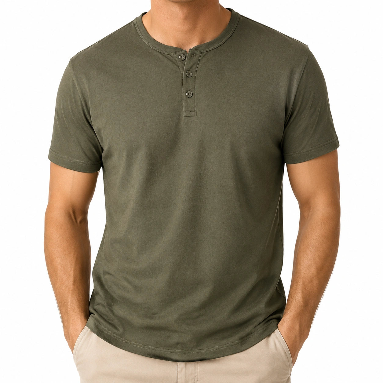 T-shirt homme M en maille vert kaki à col tunisien manches courtes décontracté