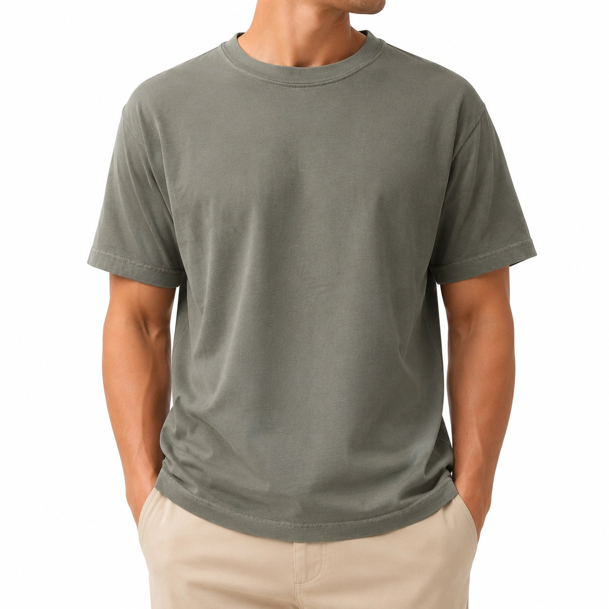 T-shirt homme taille L en coton vert kaki à manches courtes coupe droite