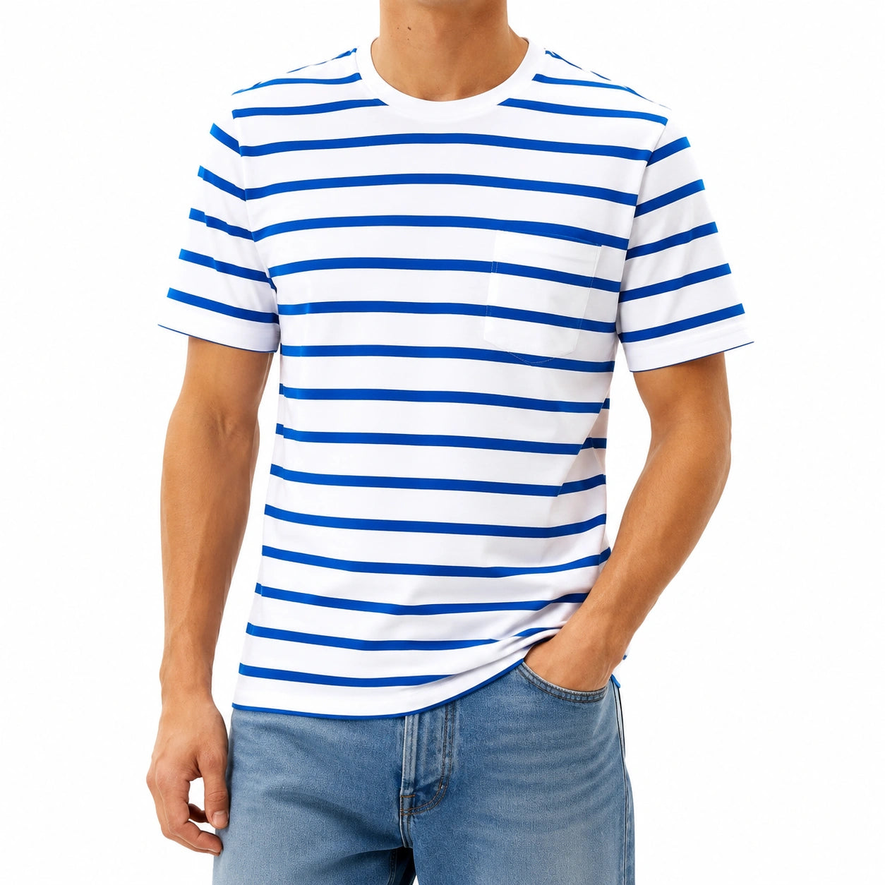 T-shirt homme XL blanc bleu à rayures manches courtes avec poche poitrine