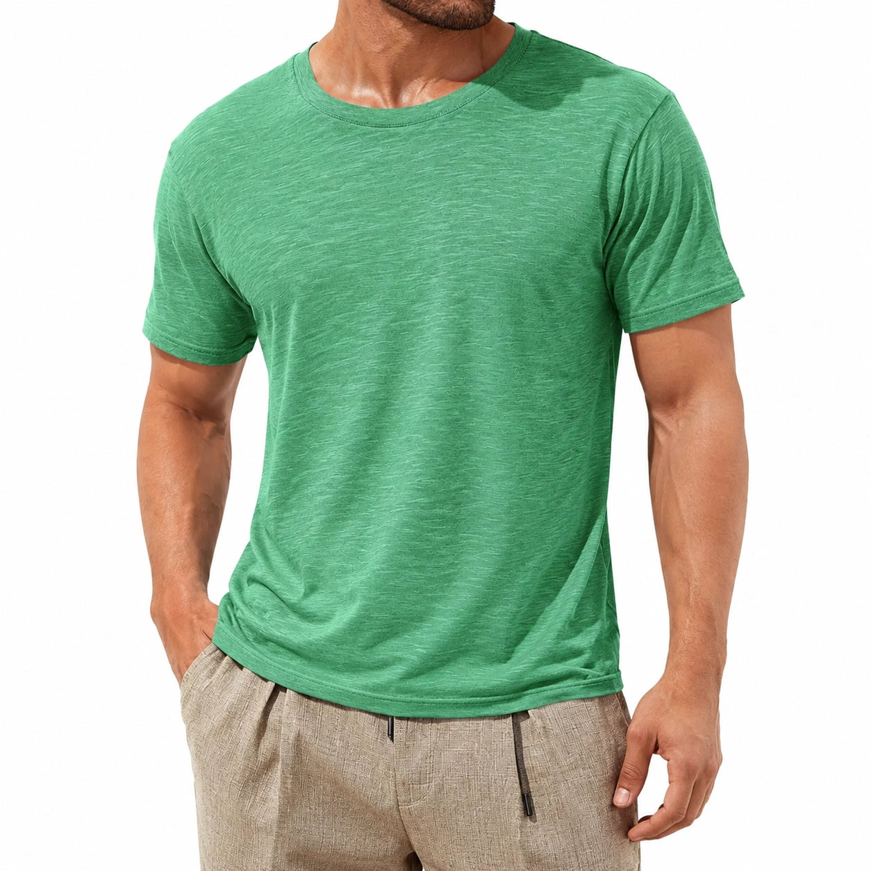 T-shirt homme XL vert en maille chinée à col rond manches courtes